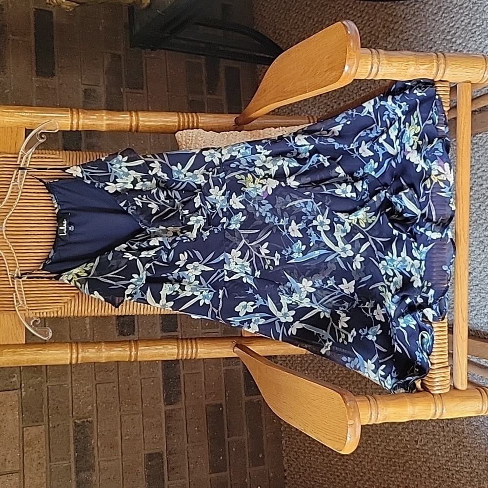 Lulus Belong to You Navy Blue Floral Ruffle Sleeveless Dress, size M